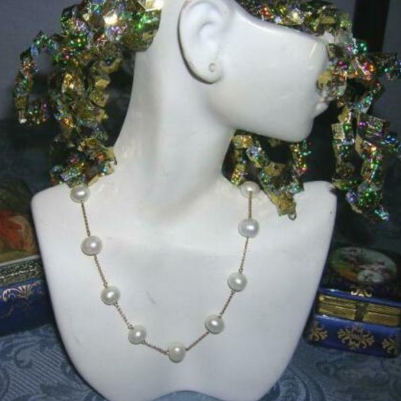 PETER BRAMS 14k SOLID Gold FW 7-7.5mm WHITE PEARL STATION 18" NECKLACE 19.4 g - Picture 2 of 5